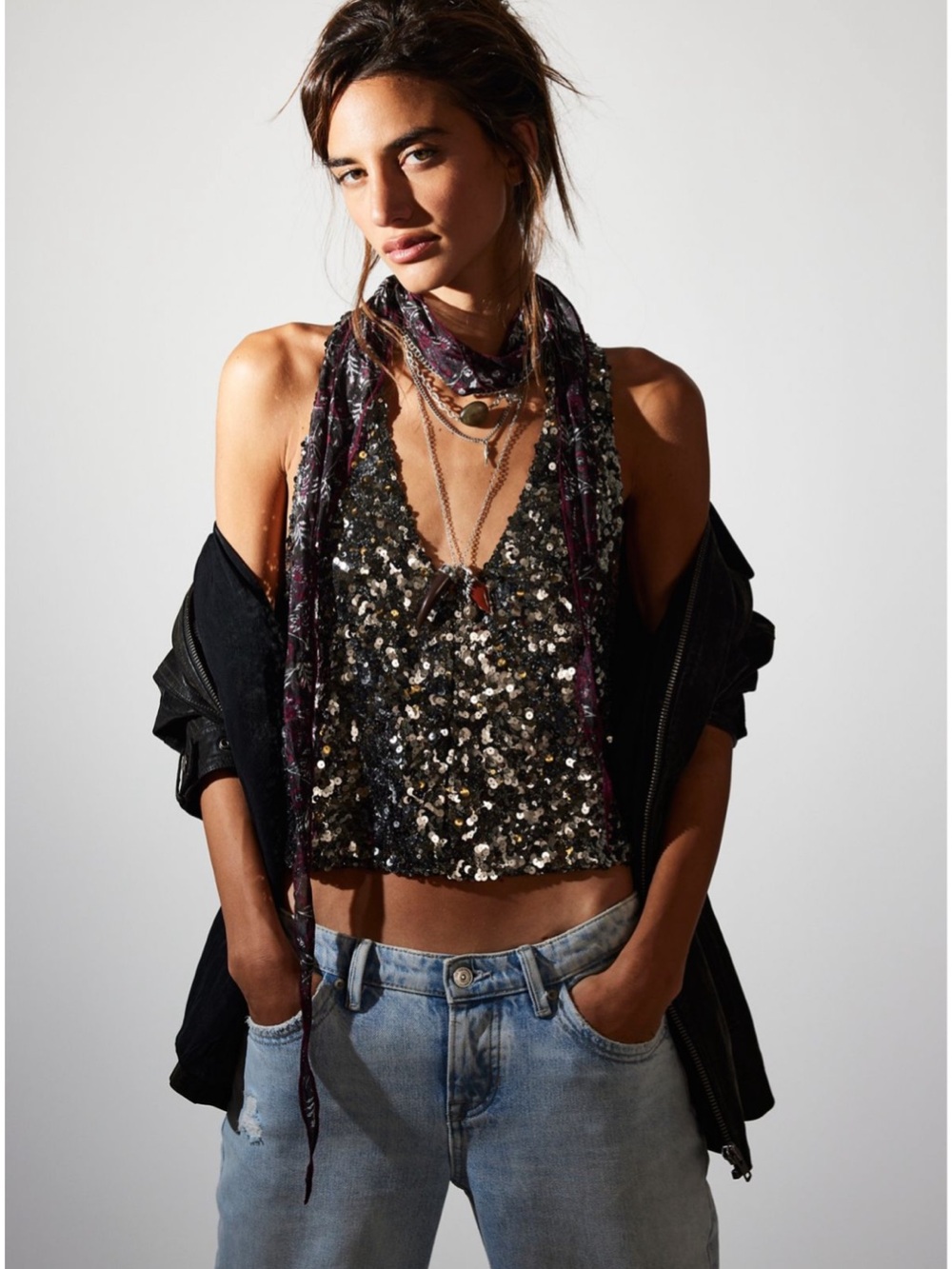 Free People Faye Shine Embellished Vest XS Gun Metal Silver Sequin NWT Tank Top